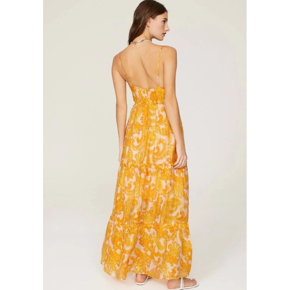 MINKPINK Blaise Sun Dress Golden Paisley Tiered Maxi Dress Lace Up V Neck Small - Picture 4 of 8